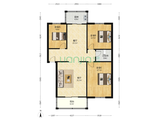 槐林新村 3室2厅 南 北-户型图