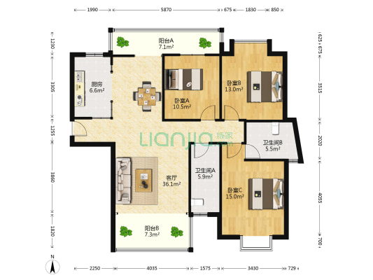 金源新城福邸嘉园 3室1厅2卫 127平方