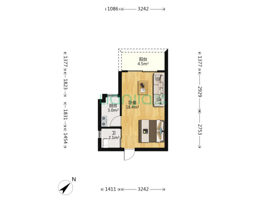 软件园旁 大同南海馨居 37平精装一房 独立卫生间厨房-户型图