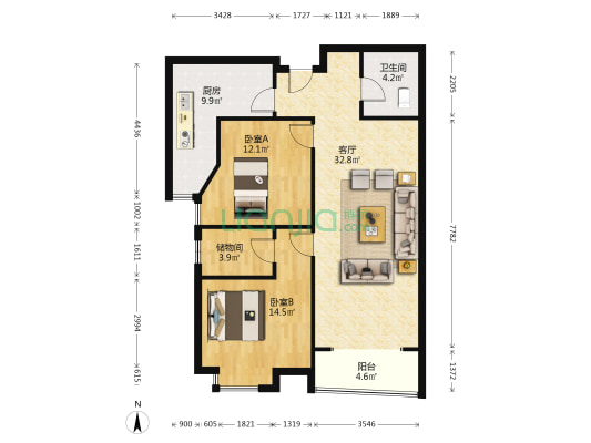 两室双卫户型，小区居中位置，安静，配套齐全-户型图
