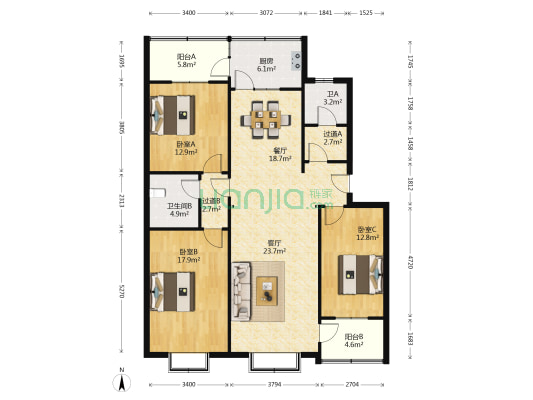 山大路239号 3室2厅2卫 129平方