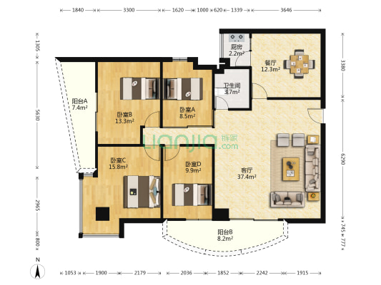 中瑞景苑 4室2厅1卫 138平方