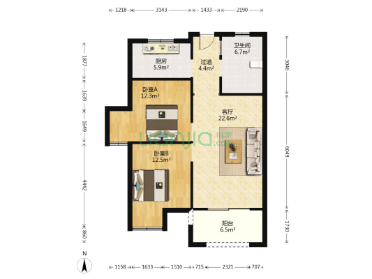 茶圣花园 2室1厅1卫 87平方
