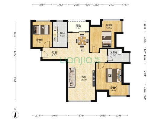 马鞍山一号公馆 3室1厅1卫 90平方