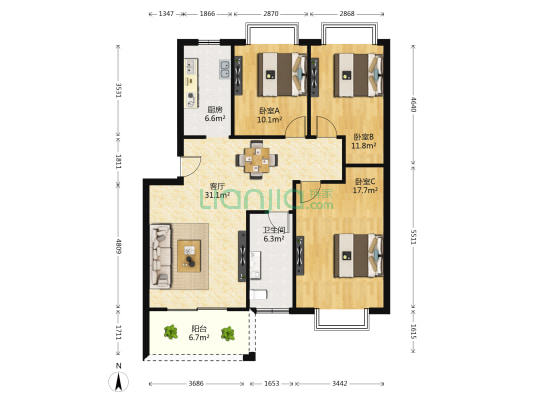 兴华公寓 3室1厅1卫 108平方