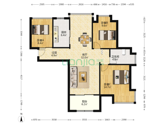 华地公馆东区 3室1厅1卫 106平方