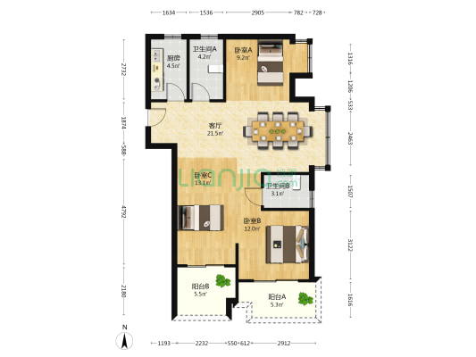 江南御苑 3室1厅2卫 91平方