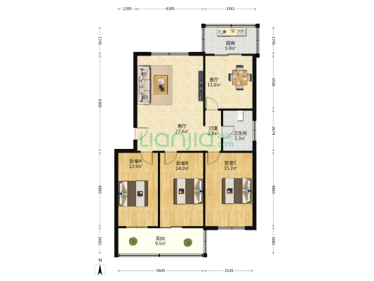 南苑小区 3室2厅1卫 126平方