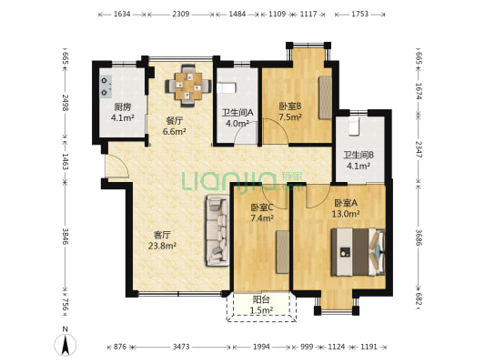 楚天都市金园 3室2厅2卫 100平方