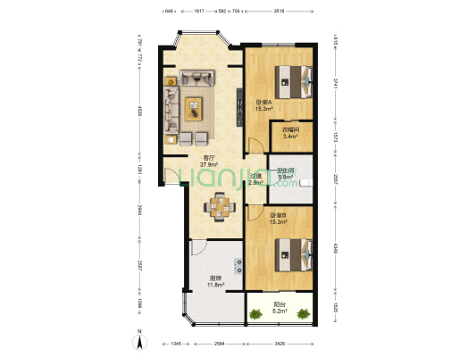 交子公寓 2室1厅1卫 107平方