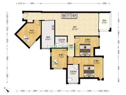 信义金御半山一期 4室1厅2卫 89平方