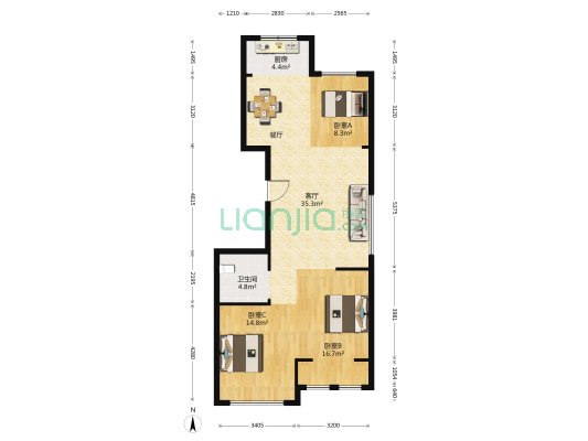 通海新城 3室2厅1卫 118平方