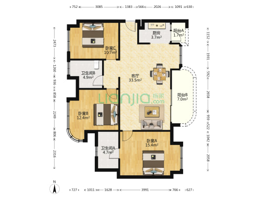 鹭湖宫十五区 3室1厅2卫 114平方