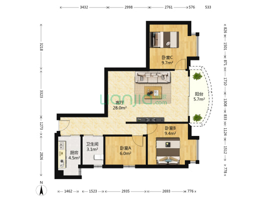 盈翠华庭 3室1厅1卫 81平方