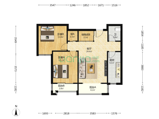 悦城15号地 2室1厅1卫 95平方