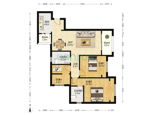 荣盛锦绣南山A区 3室1厅2卫 94平方