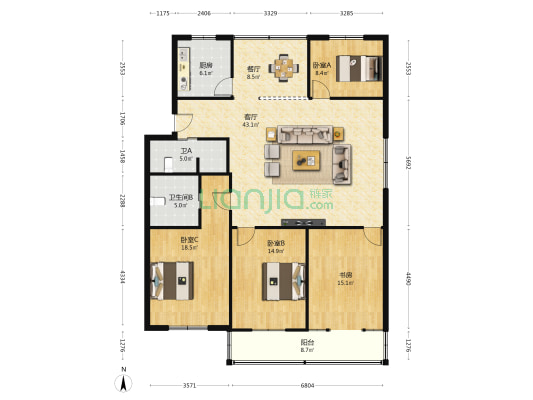 卧龙花园 4室2厅2卫 155平方
