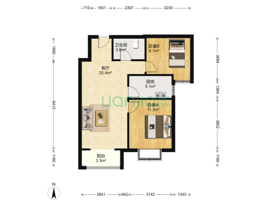 智诚御河骏景B区 2室1厅1卫 85平方