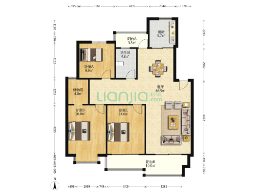 紫阳新城 3室1厅1卫 133平方