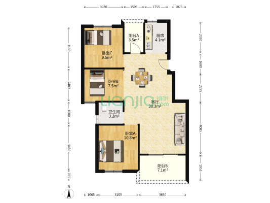 尚格康桥别院 3室1厅1卫 89平方