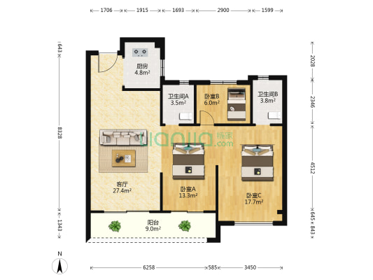 星海名筑 3室1厅2卫 108平方