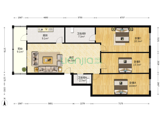 药六公寓 3室1厅2卫 134平方