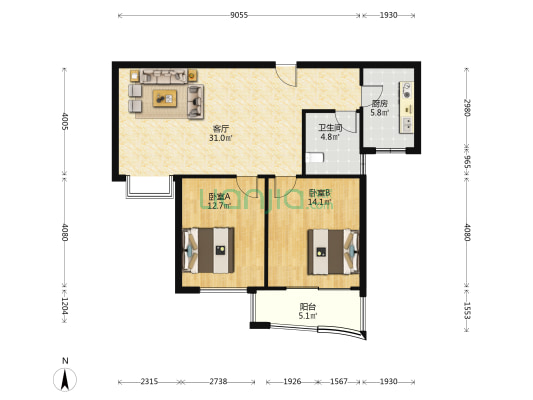 瑞金尊邸 2室1厅1卫 95平方