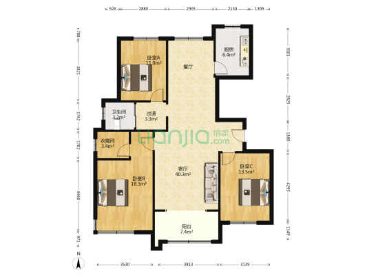 南湖尚苑 3室1厅1卫 125平方
