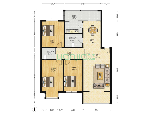 武警方圆小区 3室2厅2卫 139平方