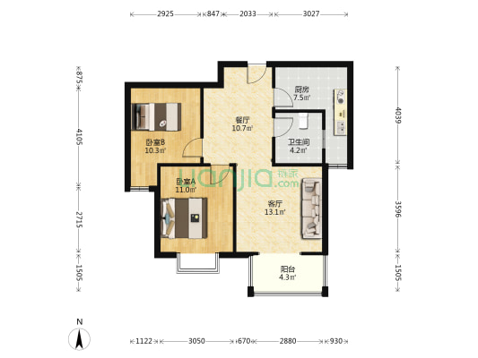 水榭春天 2室1厅 南 北-户型图