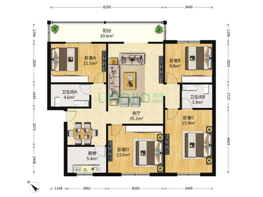 富丽苑二期 4室1厅2卫 129平方