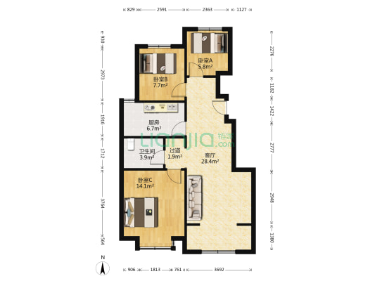 求阙居 3室1厅1卫 97平方