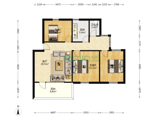 天湖塘 3室1厅1卫 87平方
