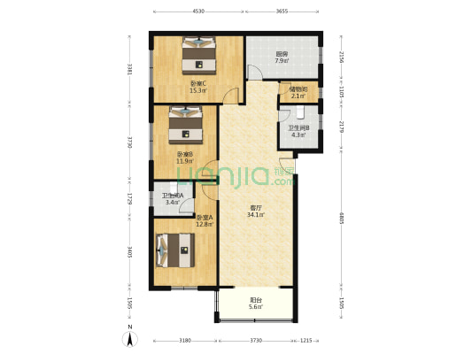 范阳路沿线 二层南北通透双卫三居 集中供暖-户型图