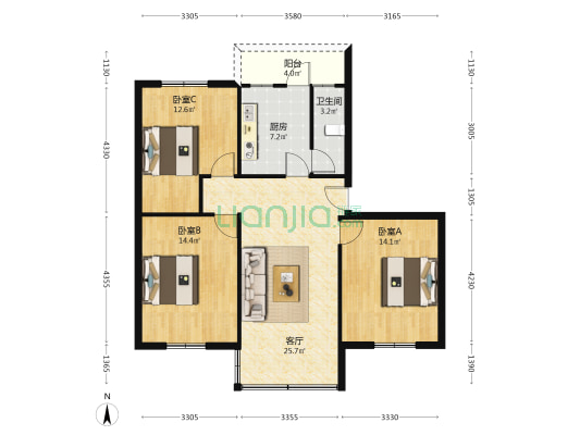 中山二路 3室1厅1卫 85平方