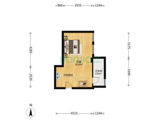 军安水晶公寓 1室0厅1卫 46平方