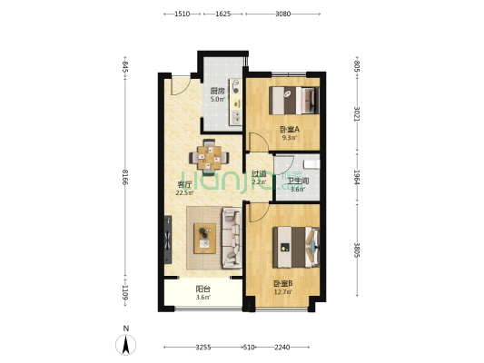融创臻熠园 2室1厅1卫 85平方