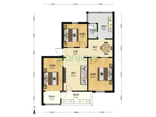 省中医院北院宿舍 3室2厅1卫 78平方