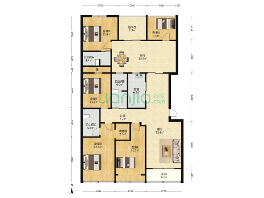 锦绣江南 5室2厅3卫 135平方