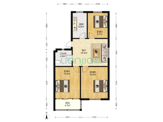 环城小区 3室1厅1卫 90平方
