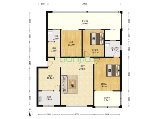 天河路60号 3室2厅2卫 127平方