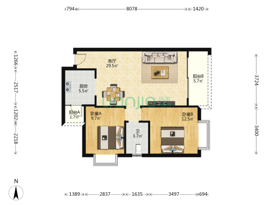 景秀黔城 2室1厅1卫 86平方