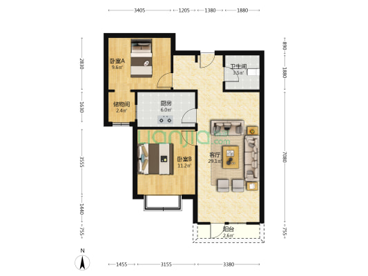 本房为经典全南两居户型，格局方正，小区中间位置-户型图