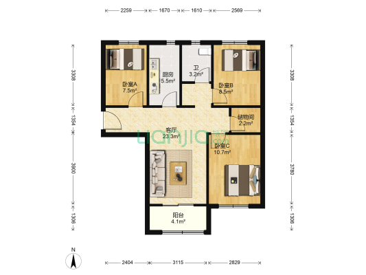 尚水湖畔淼园 3室1厅1卫 95平方