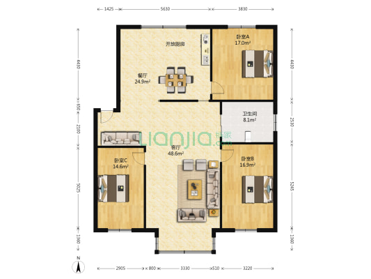 朝阳花园 3室2厅1卫 126平方