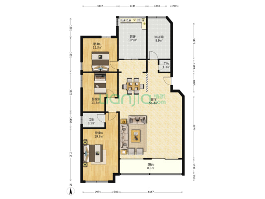 南新路一号小区 3室1厅3卫 146平方