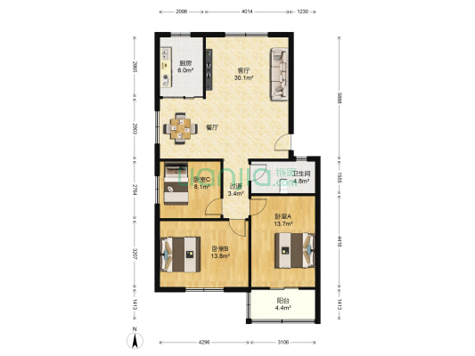 蔚蓝加州 3室1厅1卫 102平方
