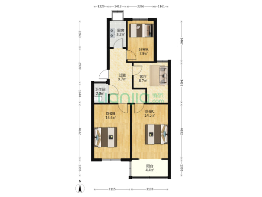 珞南街广埠屯社区 3室1厅1卫 80平方