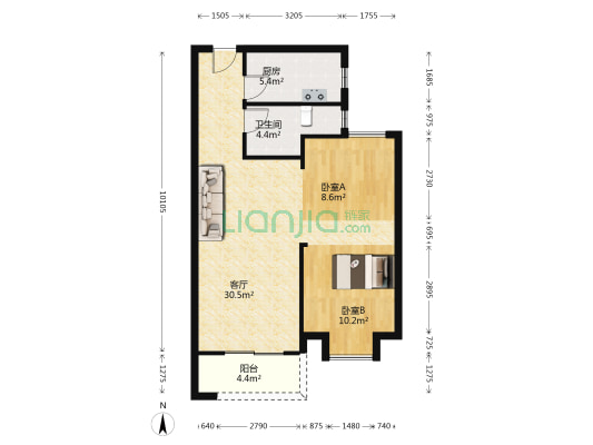 中国铁建知语城 2室1厅1卫 85平方