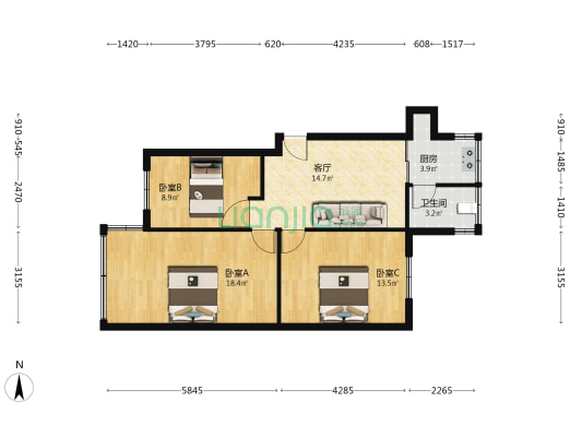 鸿雁巷15号 3室1厅1卫 72平方